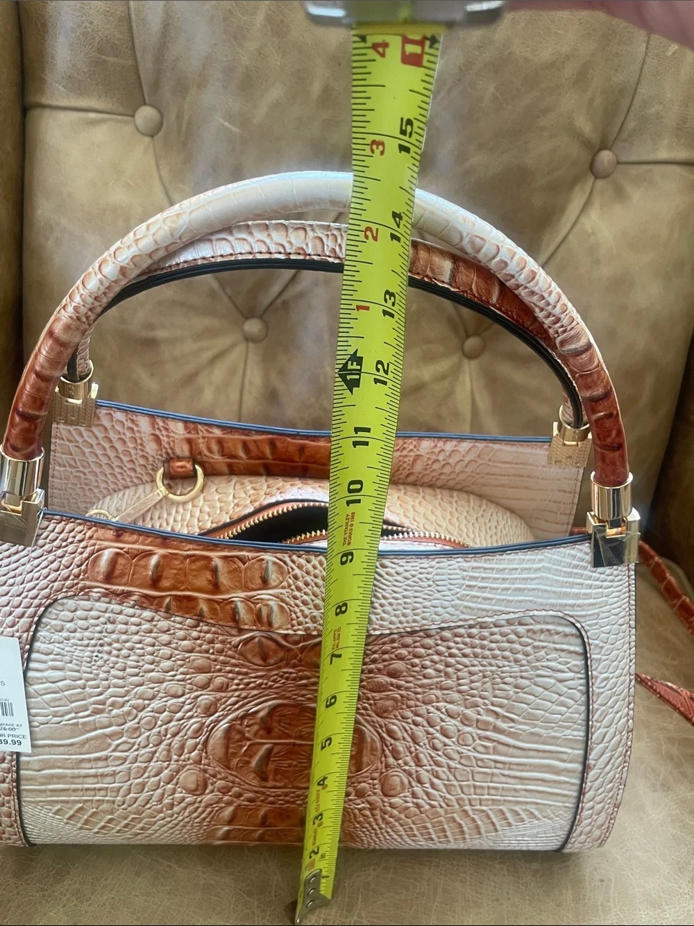 Croc-Embossed Satchel Handbag in Burnt Orange-Cream